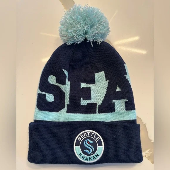 Seattle Kraken ICE32 Navy & Ice Blue Pom Beanie - Picture 1 of 3